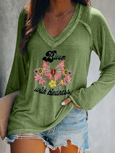 Women S Bloom With Kindness Long Sleeve Tee Easy 30 day return policy Comfortable Clothes For Women, Look Boho Chic, Comfortable Clothes, Sleeves Clothing, Mori Girl, Maui Hawaii, Basic Tops, V Neck Blouse, Long Sleeve Casual