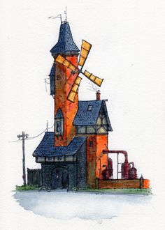 a drawing of a building with a windmill on top