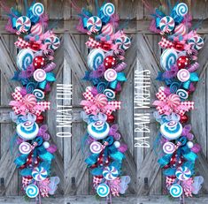 three different pictures of candy canes hanging on a wooden door with the words happy birthday