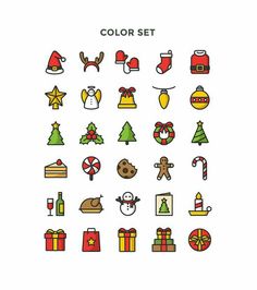 a set of christmas icons on a white background with the words color set written below