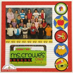 a group of kids posing for a picture in front of a ruler and school supplies