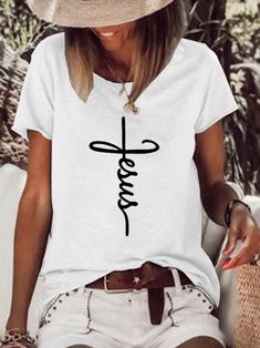 Jesus Women's Short sleeve tops White Non-stretch Trendy Tops, Trendy White Non-stretch Tops, Trendy Crew Neck T-shirt, Trendy Non-stretch Crew Neck T-shirt, Spring Graphic Tee With Stretch, Non-stretch Trendy Spring T-shirt, Stretch Graphic Tee For Spring, Trendy Non-stretch Spring T-shirt, Casual Summer Blouse With Letter Print