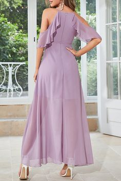 Material Polyester, Chiffon Style Elegant, Simplicity Pattern Type Print Element Bandage Neckline V Neck Silhouette A Line Sleeve Style Cold Shoulder Sleeve Length Short Sleeve Clothing Length Long Type Solid Color Size(cm) Bust Waist Hips Dresses Length S 90 70 100 144 M 94 74 104 145 L 98 78 108 146 XL 102 82 112 147 Tips: Due to the many variations in monitors, the color in the image could look slightly different, please take physical design and color shall prevail. Please allow 1cm-2cm diffe Party Gown Dress, Dresses Purple, Dress Weights, Semi Formal Dress, Chiffon Fashion, Hip Dress, Neck Ruffle, Long Blouse, Purple Dress