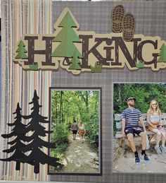 a computer keyboard sitting on top of a desk next to a book cover with pictures of people in the woods