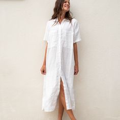 Getaway Shirt Dress - Coconut Spring Cotton Dress With Set-in Sleeves, Spring Long Shirt Dress With Pockets, Long Shirt Dress With Pockets For Spring, Chic Long Cotton Shirt Dress, Spring Relaxed Fit Shirt Dress For Loungewear, Chic Short Sleeve Loungewear Dress, Spring Collared Loungewear Dress, Summer Long Relaxed Fit Shirt Dress, Long Casual Summer Duster