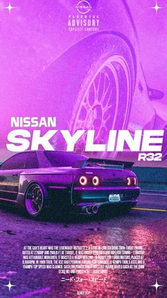 the poster for nissan skyline r32 is shown in front of a purple background