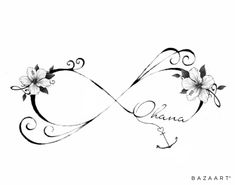 an artistic tattoo design with flowers and the word ohana written in cursive writing