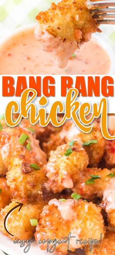 a close up of a plate of food with the words bang bang chicken on it