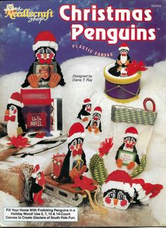 an advertisement for knitted christmas penguins on the cover of a knitting pattern book,