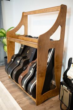 a guitar case is sitting on the floor