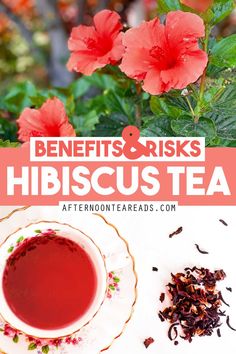 hibiscus tea with flowers in the background and text overlay that reads benefits & riskys hibiscus tea