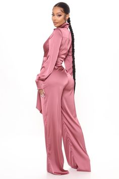 Available In Mauve And Teal. Stretch Satin Jumpsuit Long Sleeve Collar Plunging Open Neckline Functional Tie Front Detail Wide Leg Stretch 96% Polyester 4% Spandex Imported | Fabulosity Stretch Satin Jumpsuit in Mauve size Medium by Fashion Nova Long Sleeve Jumpsuit Outfit, Mauve And Teal, Jumpsuit Long Sleeve, 2000s Fashion Trends, Jumpsuit Long, Satin Jumpsuit, Jumpsuit Outfit, Loungewear Women, Long Sleeve Jumpsuit