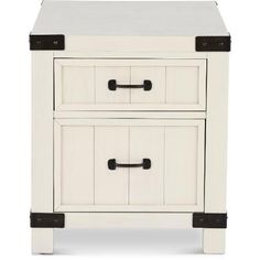 a white nightstand with two drawers and black handles on the bottom, against a white background