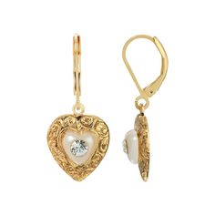 This beautifully designed pair of earrings features heart-shaped drops adorned with delicate vine motifs, and gleaming simulated pearl cabochons. This beautifully designed pair of earrings features heart-shaped drops adorned with delicate vine motifs, and gleaming simulated pearl cabochons. FEATURES Dimensions: 34 mm x 15 mm Backings: leverback Metal: alloy Material: acrylic, crystal Plating: gold tone Finish: polished Size: One Size. Color: White. Gender: female. Age Group: adult. Chic Fashionista, 1928 Jewelry, Pearl Heart, Vintage Inspired Jewelry, Heart Crystal, Crystal Drop Earrings, Crystal Drop, Gold Drop Earrings, Crystal Heart