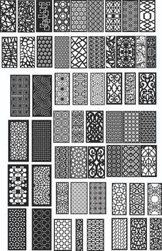 a large collection of black and white patterns on a white background, each with different designs