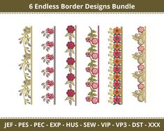 six embroidery borders with flowers and leaves on them