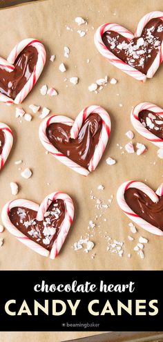 chocolate heart candy canes on a baking sheet with text overlay that reads, chocolate heart candy canes