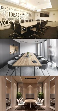 three different views of a conference room with chairs and desks, one in the middle is