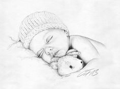 a pencil drawing of a baby sleeping with a teddy bear in his arms and wearing a knitted hat