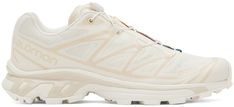 Salomon: Off-White XT-6 Sneakers | SSENSE Off White Sneakers For Streetwear, Cream Sneakers With Laces For Outdoor, Outdoor Cream Sneakers With Laces, Off White Low-top Sneakers For Sports, Off White High-top Sports Sneakers, Cream Sneakers With White Laces For Streetwear, Cream Sneakers With White Laces For Sports, Mesh Sneakers, Low Top