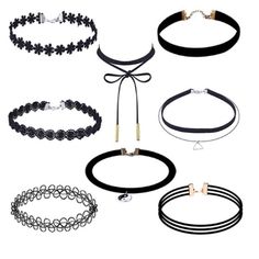 Set Of 8. Casual Black Choker Jewelry, Black Casual Jewelry For Spring, Casual Black Jewelry For Spring, Tattoo Lace, Black Lace Choker Necklace, Black Velvet Choker Necklace, Diy Choker, Necklace Tattoo, Lace Choker Necklace