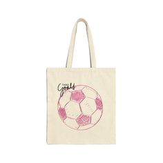 "Chase Goals with this 100% cotton tote bag featuring a pink soccer ball with the words \"Chase Goals\"in the upper left corner. .: 100% cotton canvas .: 15\" x 16\" bag with 20\" handles (made from the same canvas) .: Available in natural color .: Heavy fabric (12 oz/yd² (406.9 g/m .: Sewn-in label" Sporty Cotton Bags For Daily Use, Casual Pink Cotton Canvas Bag, Sporty Rectangular Cotton Bag, White Cotton Sporty Bag, Sporty White Cotton Bag, Pink Cotton Canvas School Bag, Pink Cotton Bags With Letter Print, Pink Soccer Ball, Goals Soccer