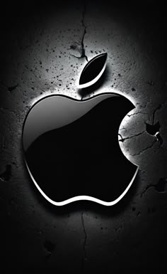 an apple logo on the side of a wall in black and white with peeling paint