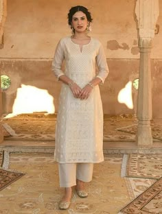 Chikankari Kurti Pattern, Churidar Pants Design, White Kurta Palazzo Set, White Chikankari Suits Design, Suit With Straight Pant Design, New Round Kurti Design, Off White Kurti Designs Cotton, Off White Chikankari Suit