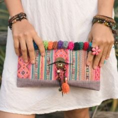 Fair Trade- This Super Cute Bag Can Be Worn As A Clutch Or Add The Strap To Wear As A Crossbody Handmade Bohemian Clutch For Spring, Handmade Bohemian Spring Clutch, Bohemian Summer Festival Clutch, Handmade Multicolor Clutch For Summer, Pink Bohemian Clutch For Everyday Use, Multicolor Summer Festival Clutch, Summer Festival Multicolor Clutch, Bohemian Multicolor Summer Clutch, Handmade Pink Bohemian Clutch