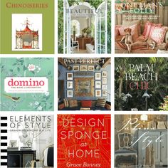 there are many different types of books in this collage, each with an image of a living room