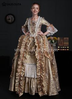 18th Century Rococo Baroque Marie Antoinette Dress     Condition: Brand New   Color:  Gold Floral   Material: This Rococo Marie Antoinette Gown is made of  High Quality Thick Brocade, soft and comfortable to wear   Sleeve Length: Half Sleeve   Dresses Length:Floor-Length   Neckline: Square Collar   Decoration: Ruffles + Lace + Bow   Style: This dress is perfect for civil war,victorian,medieval,regency,renaissance, wedding, cosplay, themed party, photograph, stage performance, etc   Pac Vintage Baroque Gown For Costume Party, Vintage Baroque Dress For Costume Party, Rococo Style Ball Gown Party Dress, Rococo Style Ball Gown For Party, Rococo Style Ball Gown Dresses For Party, Fitted Baroque Party Dresses, Vintage Baroque Style Dress For Fancy Dress, Rococo Style Ruffled Costume Gown, Rococo Style Ball Gown For Theater