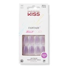 Gel Fantasy Sculpted Jelly Nails -  Super trendy translucent jelly nails feature sheer colors, unique textures, and a glass-like effect that is beyond WOW! KISS Gel Fantasy Sculpted ready-to-wear jelly nails are durable & flexible with the high arch finish of salon sculpted acrylic nails.    Features     On-trend purple jelly nails are medium length & coffin shaped Get a professional, salon quality gel manicure at home at a fraction of the price Application takes only minutes with nail glue (inc Purple Jelly Nails, Kiss Gel Fantasy Nails, Quince Jelly, Gel Manicure At Home, Kiss Products, Medium Coffin, Nails Glossy, Sculpted Nails, Pink Gel Nails