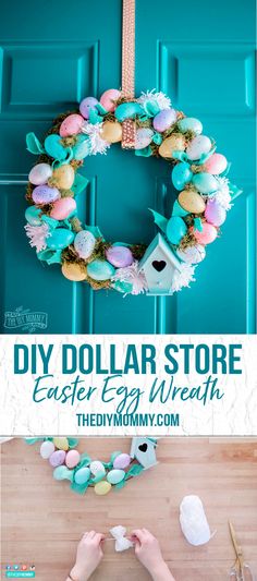 the diy dollar store easter egg wreath is ready to be hung on the front door