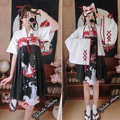 Material:  Polyester    Type:  KIMONO    Item Type:  Asia & Pacific Islands Clothing    Sleeve Length(cm):  Full    Special Use:  Traditional Clothing             (CM)       Shoulder       Bust       Length       Sleeve       Skirt long Black And White Kimono, Y2k Fashion Aesthetic, Oc Maker, White Crane, Y2k Aesthetic Fashion, Island Outfit, Anime Kimono, White Kimono