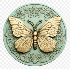 a gold butterfly on a green plate with ornate designs in the background, hd png