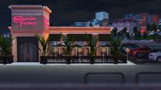 an animated image of a restaurant with cars parked in the parking lot at night time