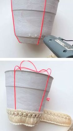 two pictures of a planter with red string attached to it and another photo of the same pot