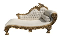 an ornate gold and white chaise lounger with pillows on it's back