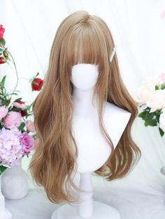 Get the perfect kawaii look with our air bangs light brown long wavy synthetic wig. This wig features a natural-looking light brown color and long wavy style, adding a touch of cute and trendy flair to your outfit.   Please note that this product includes only the wig. Garment Size SizeFree SizeHair Length55-60 Void State, Bangs Light, Light Brown Wig, Cute Wig, Hair Asian, Cute Bangs, Air Bangs, Double Ponytail, Human Bean