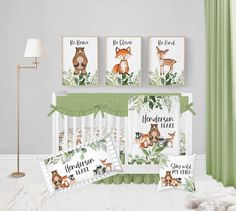 a baby crib bedding set with woodland animals