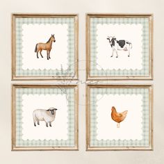 four framed pictures with farm animals on them in different colors and sizes, each featuring a cow, chicken, goat, and horse