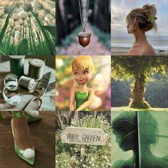 a collage of photos with green and white items in them, including a tree, a woman's head, a sign, an umbrella and other things