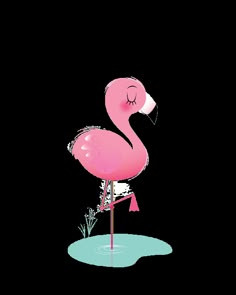 a pink flamingo standing in the water with its eyes closed and it's legs crossed