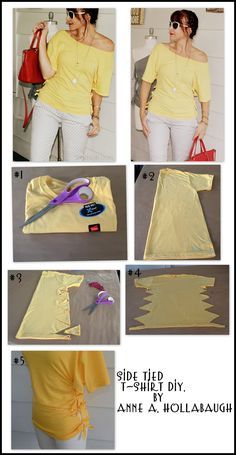 the instructions for how to make an off - shoulder top with yellow fabric and white pants