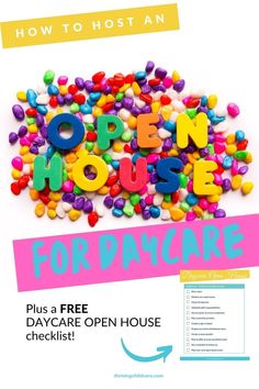 an open house flyer with lots of candy on the front and back of it,