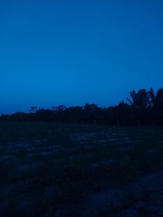 an empty field at night with trees in the distance and blue sky above it,