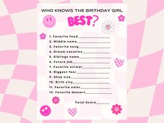 a pink birthday party game with the words best? and smiley face on it's side