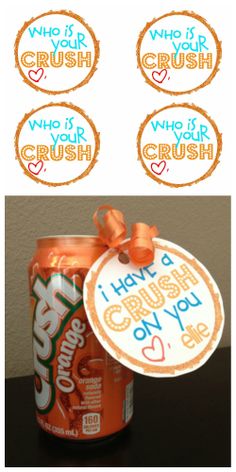 an orange can with some stickers on it and the label says, who is crush?