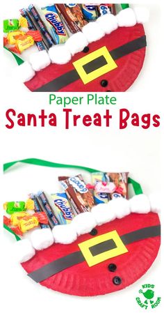 paper plate santa treat bag with candy in it and the title overlay reads, paper plate santa treat bag