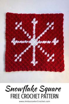 a crocheted snowflake square with the text, free crochet pattern